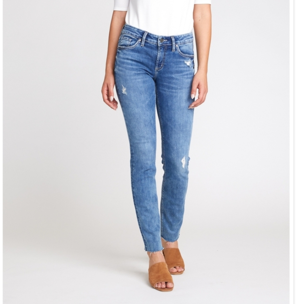 Silver Elyse mid indigo distressed wash EUC